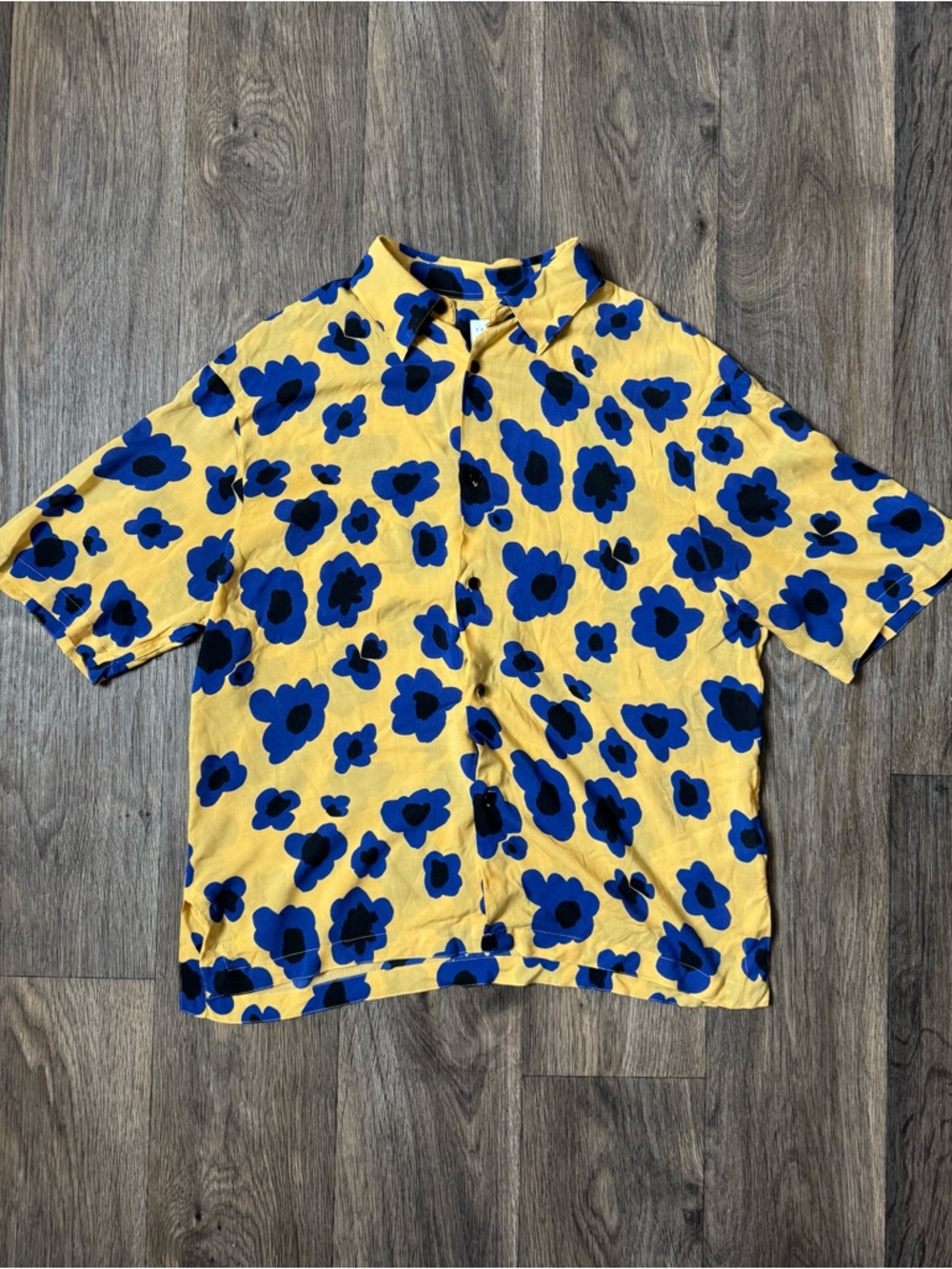 Sandro Paris Men's Yellow Blue Poppies Viscose Button-Up Shirt Size M - Picture 2 of 10